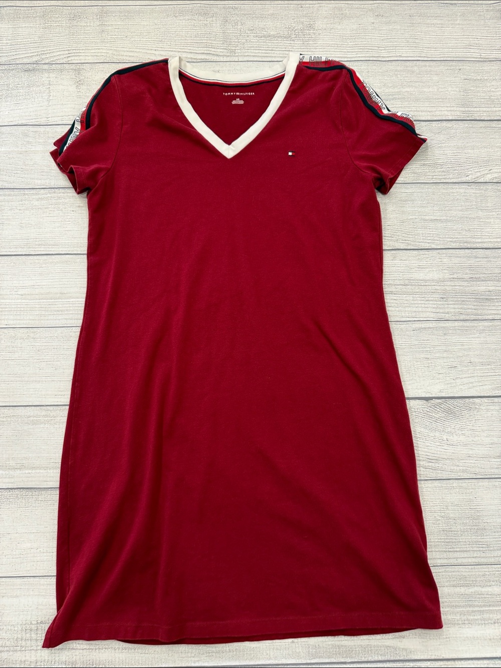 Tommy Hilfiger Red T-Shirt Dress Large Logo Tape Sleeve V-Neck Casual Midi LG